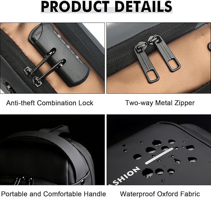 FASHION Men's Anti-Theft PU Leather Chest Bag With Password Lock & USB Charging - Waterproof Travel Sling Bag